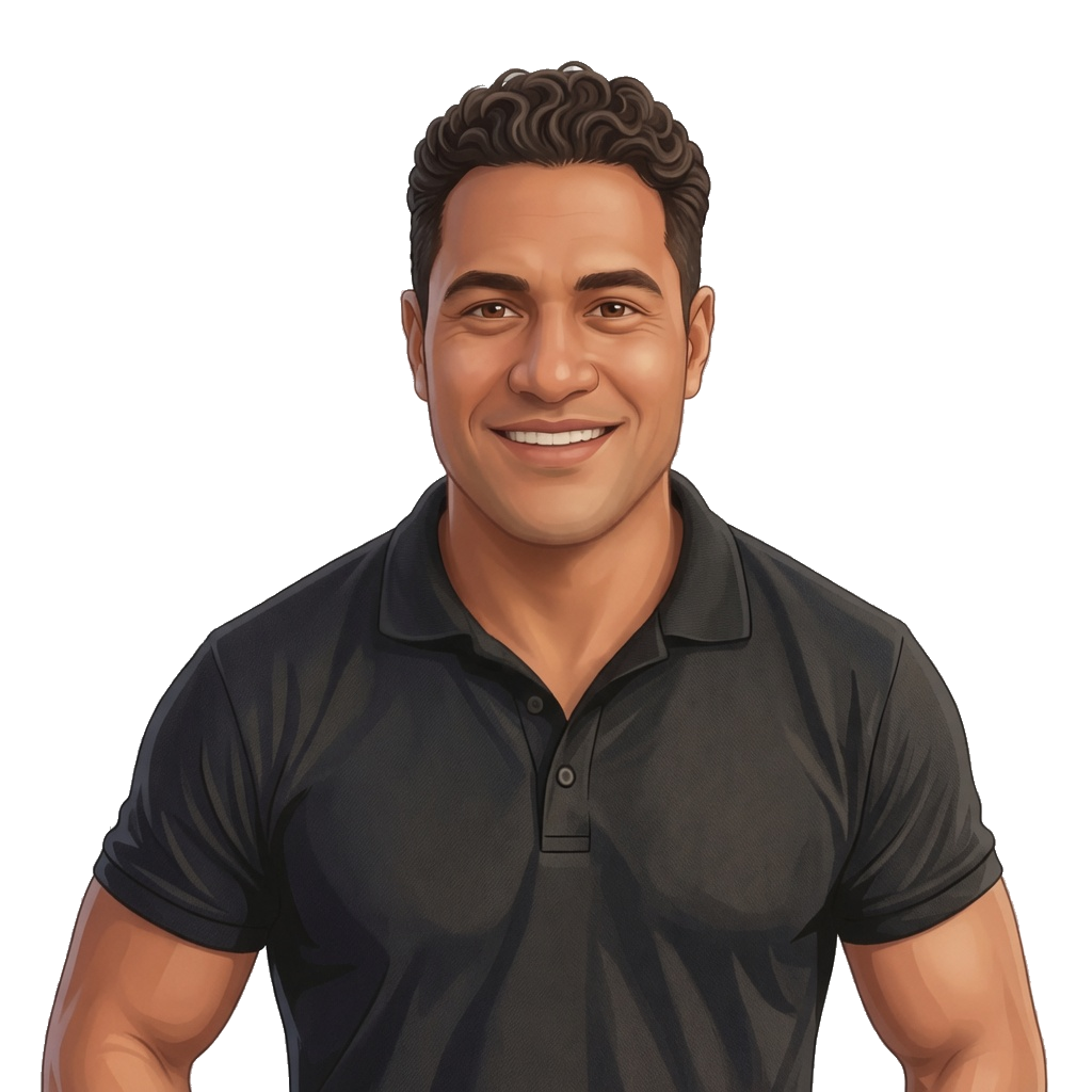 Yong: an illustrated portrait of a smiling man with short dark curly hair, wearing a black polo shirt.